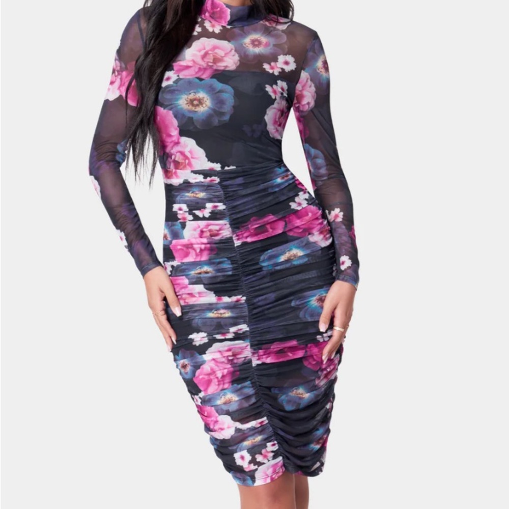 bebe Black Floral Long Sleeve Dress
